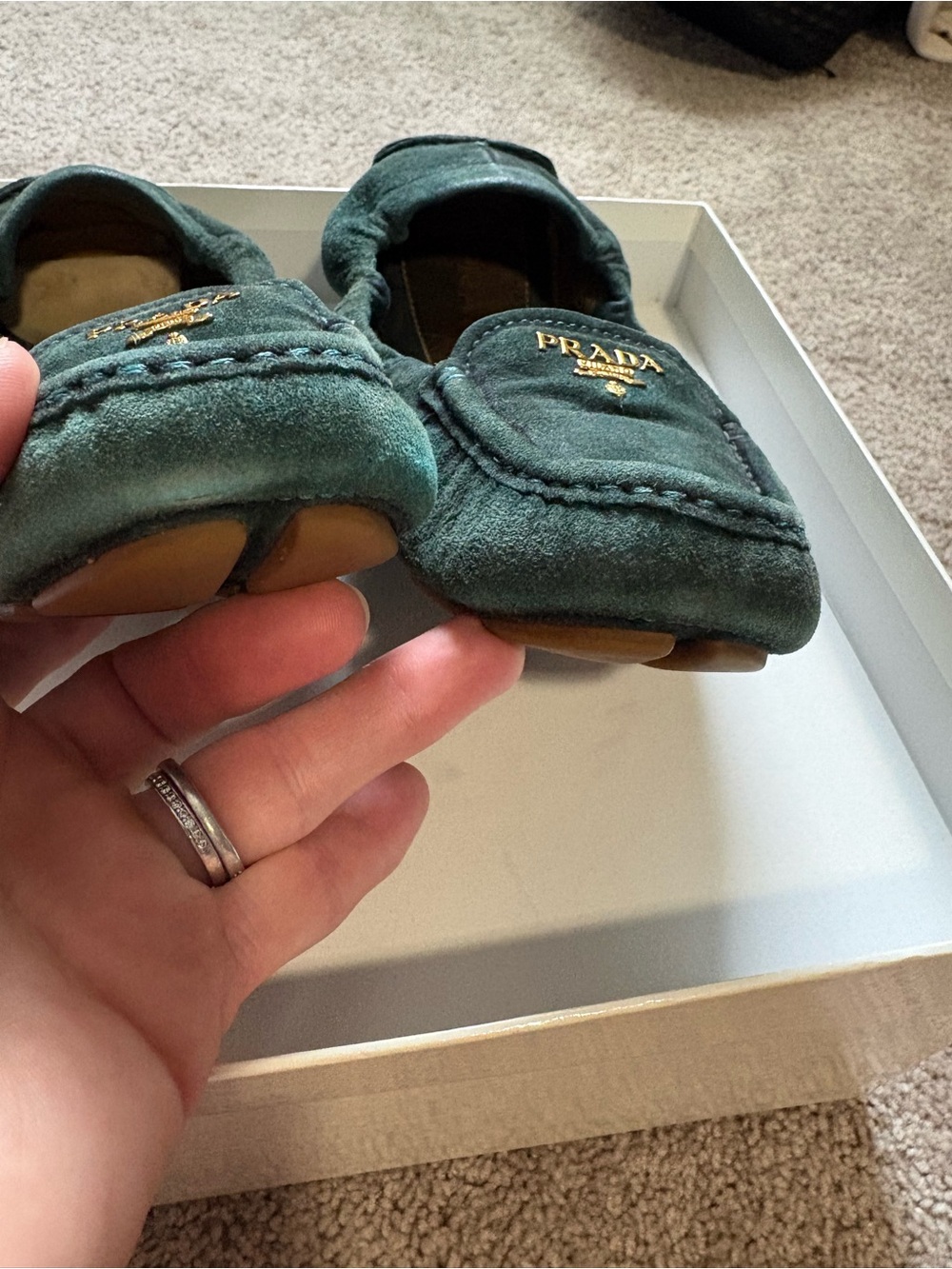 Prada Suede Loafers with Gold Logo - Picture 7 of 7